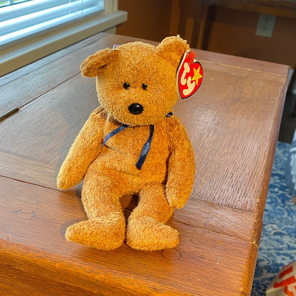 Ty Tan Teddy Bear with Blue Ribbon “FUZZ” 1998